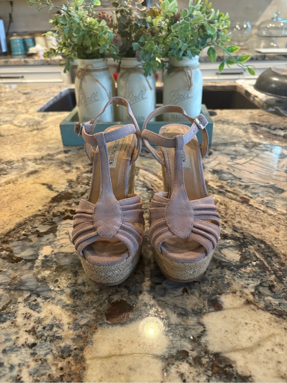 Steve Madden Taupe/grey with lavender undertone T-Strap Espadrille Wedge Sandals